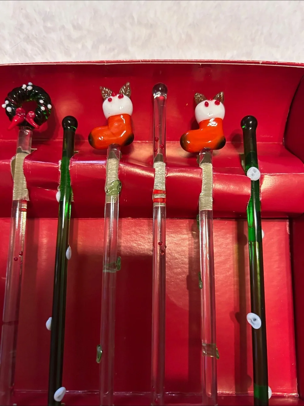Boston Market Set of 6 Swizzle Stick stirs & 3 Corks Christmas Whimsical Glass